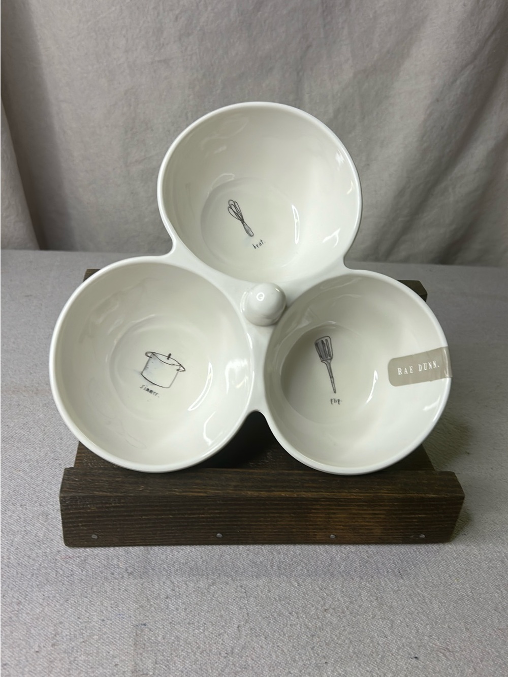 Rae Dunn White Triple Melamine Snack Server with Utensil Icons